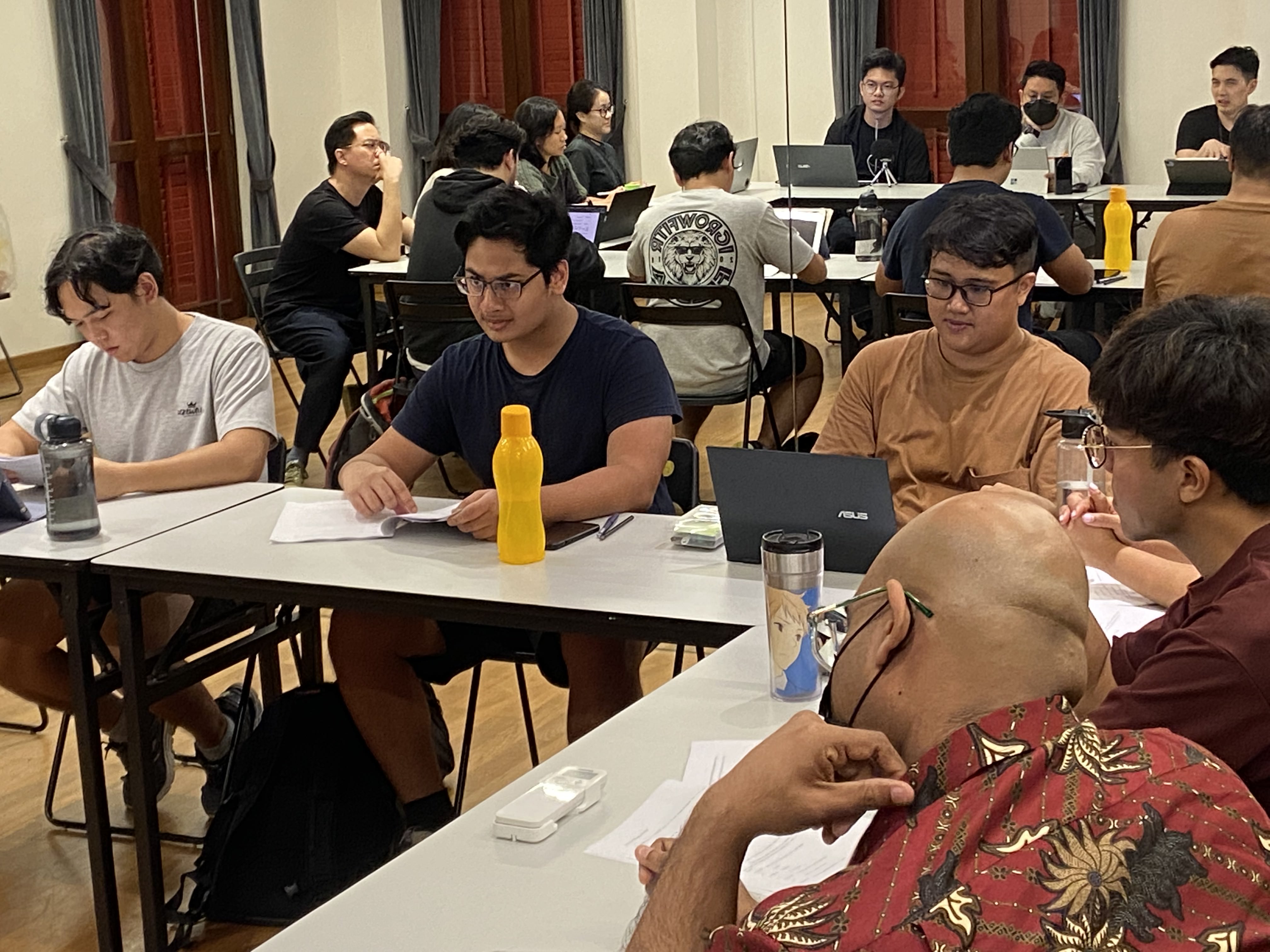 LASALLE Acting Year 2 Students Marwyn, Rohan and Riqi during the table-read.