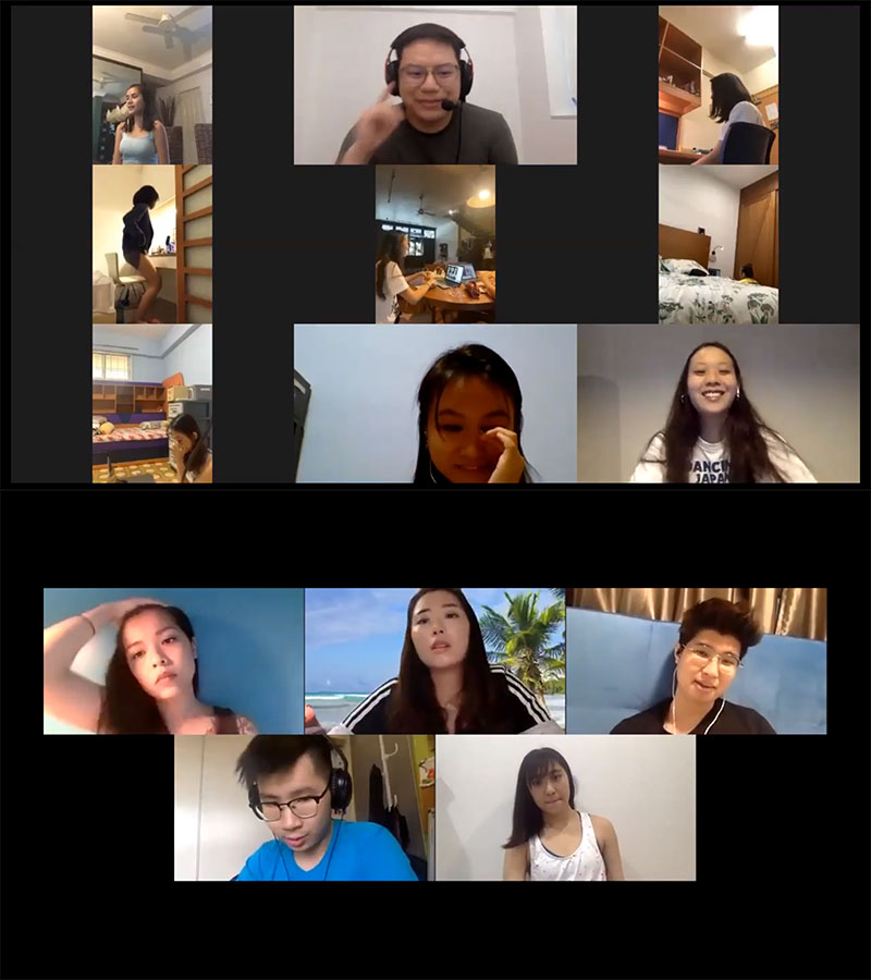 A collage of several people conducting a Zoom session over 14 separate screens.